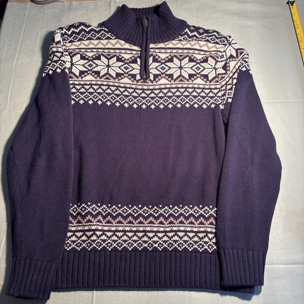 Magaschoni Mens Navy Blue Fair Isle Snowflake Quarter Zip Sweater Large RN 93178